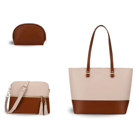 GRACE TOTE Bag 3pc BEIGE / BROWN